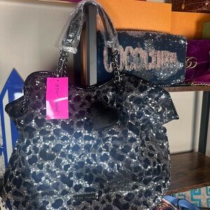 NWT RARE Betsey Johnson Black and Silver Sequin Leopard Tote